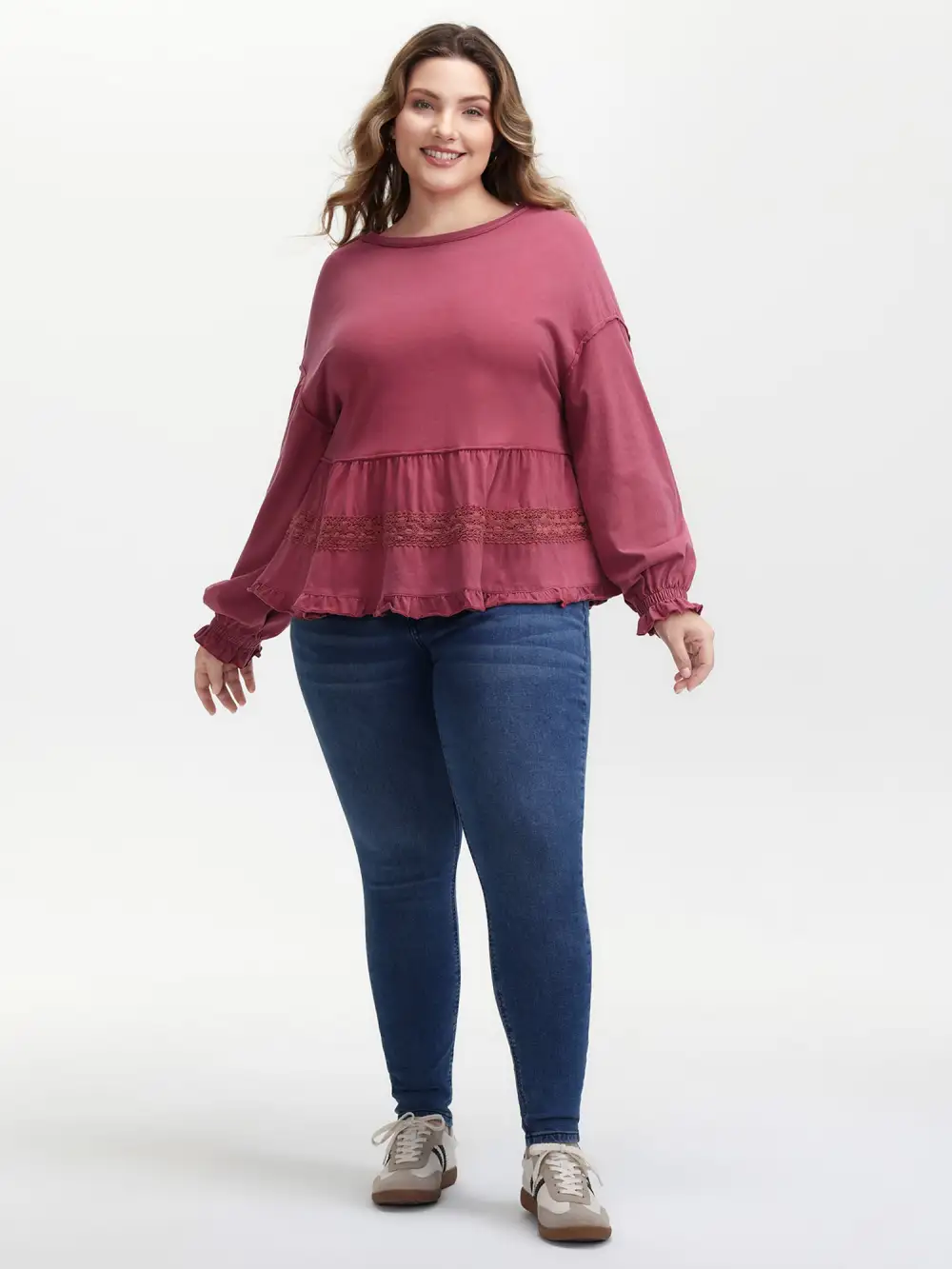 Washed Lace Trim Tiered Round Neck Sweatshirt