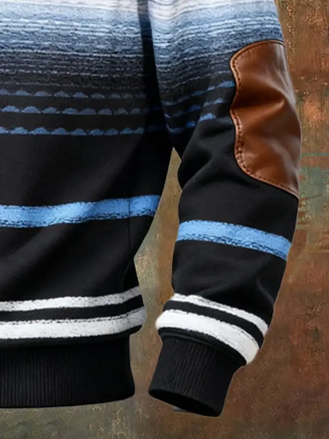 Men's Retro Color Block Print Casual Fur Collar Sweatshirt