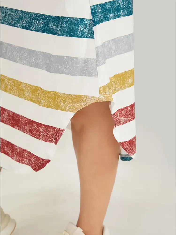 Striped Contrast Arc Hem V Neck Pocket Dress