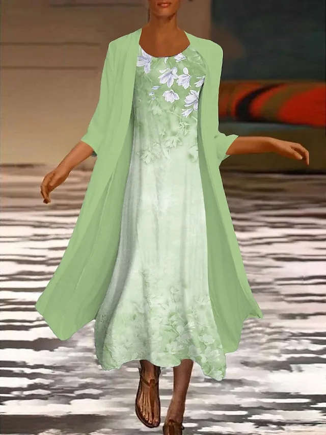 Women‘s Dress Set Two Piece Dress Midi Dress Green Blue Purple Pink White Long Sleeve Floral Ruched Print Summer Spring Fall Crew Neck Elegant Casual Classic 2023 S M L XL XXL 3XL / Summer Dress