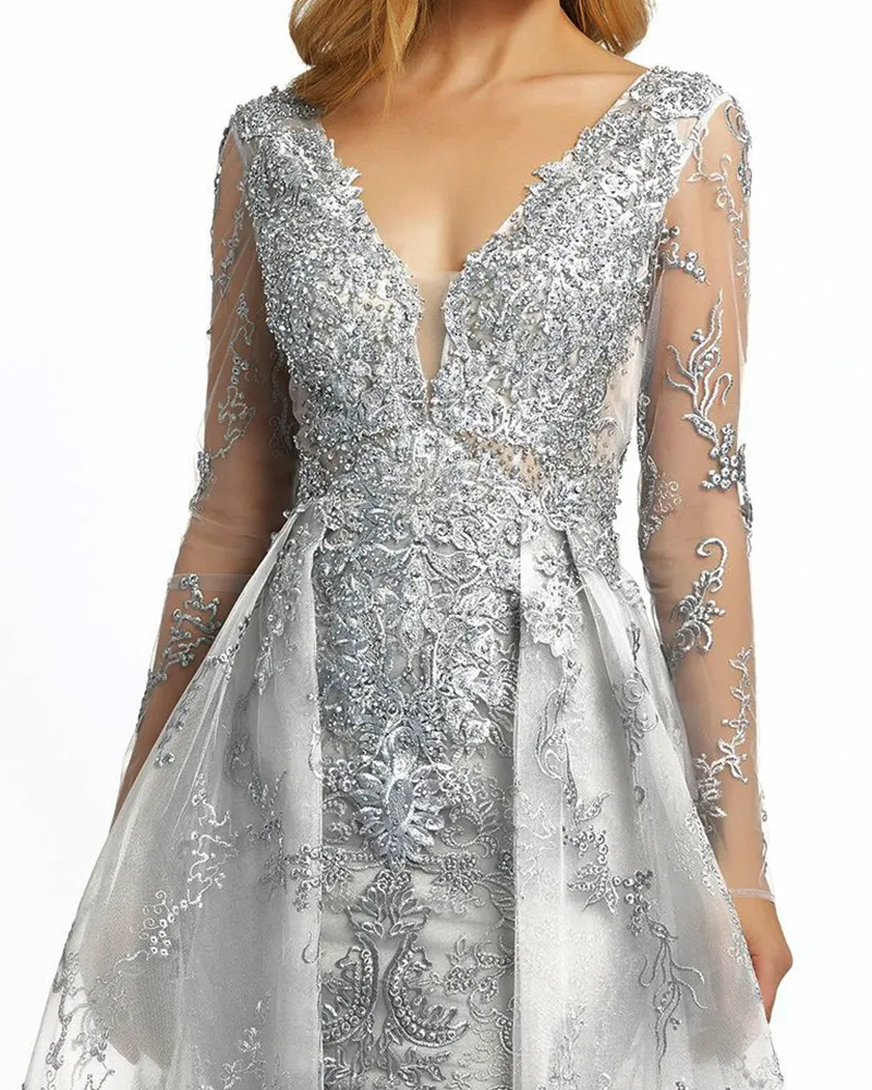 V-neck mesh embroidered maxi dress