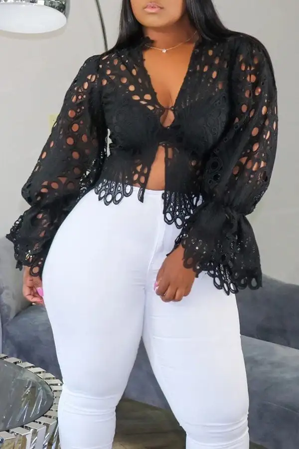 Lace Deep V Sweet Cutout Blouse