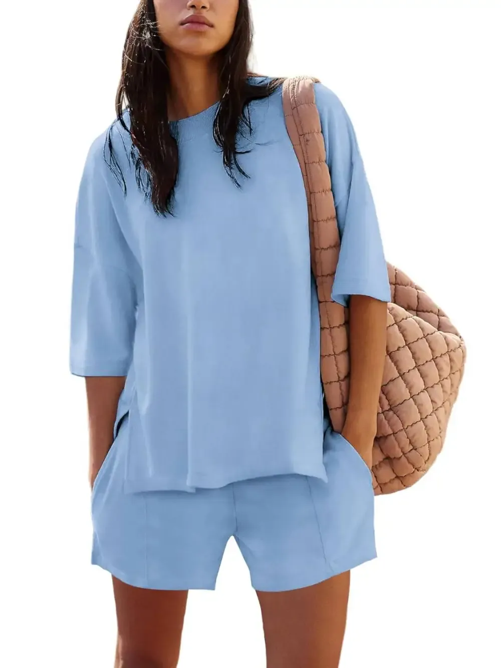 ✨2025 NEW Trendy Casual Solid Color Suit with Slit Top and Shorts