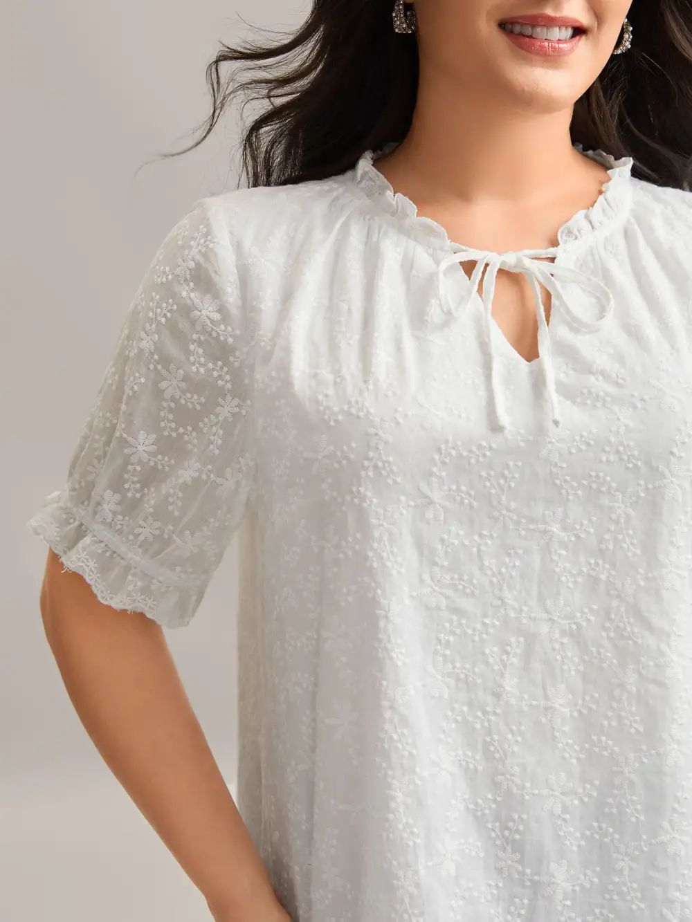 Cotton Embroidery Notched Neck Tie Shirt