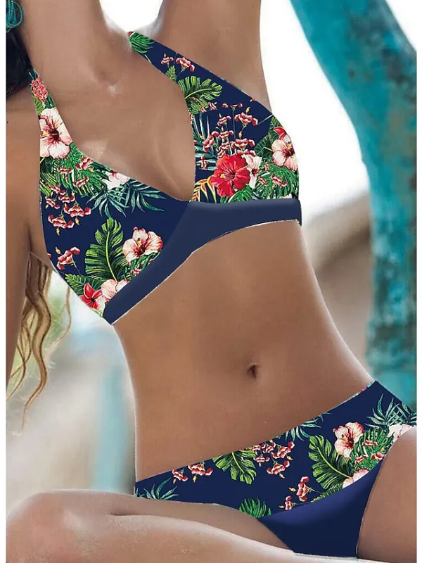 Women's Swimwear Bikini 2 Piece Swimsuit Halter 2 Piece Open Back Sexy Floral V Wire Tropical Sexy Bathing Suits