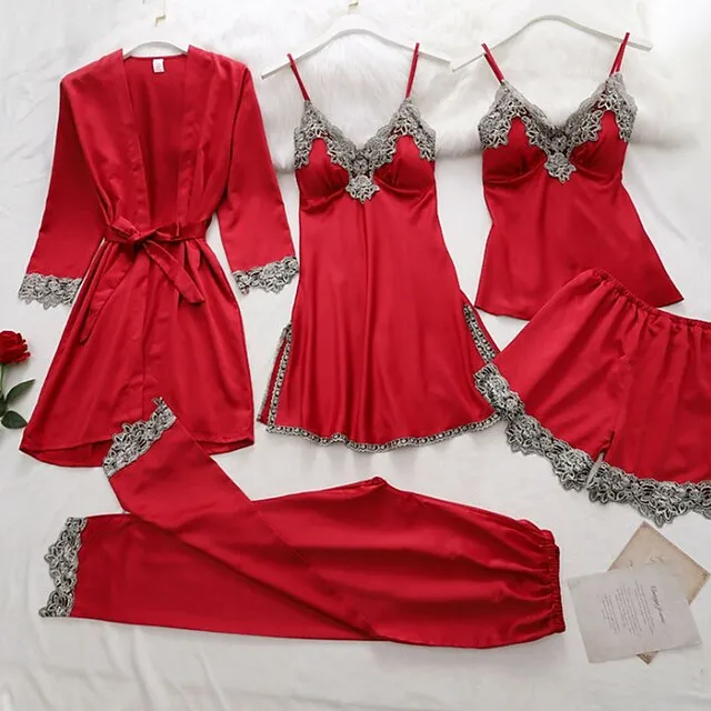 Women's Lingerie Pajama Sets 5 Pieces Satin Floral Lace Cami Top with Robe Nightgown Pants Pink Black Size XXL