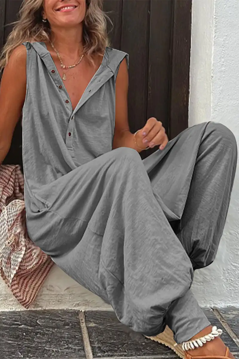 Casual Solid Buckle Hooded Collar Loose Jumpsuits(10 Colors)