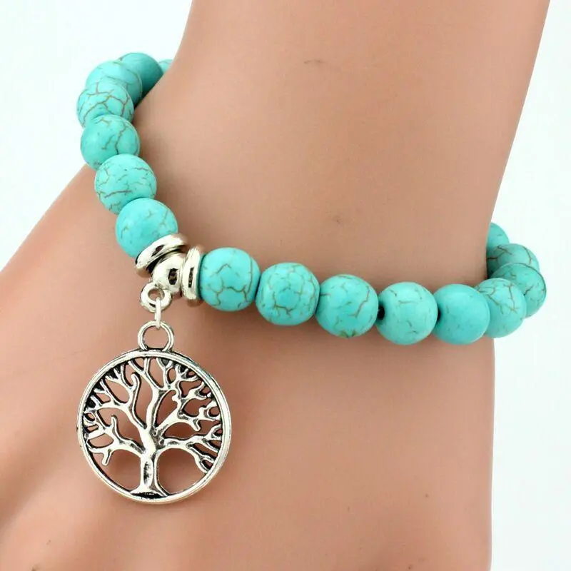 Women'S Tree Of Life Natural Turquoise Beaded Bohemian Bracelet