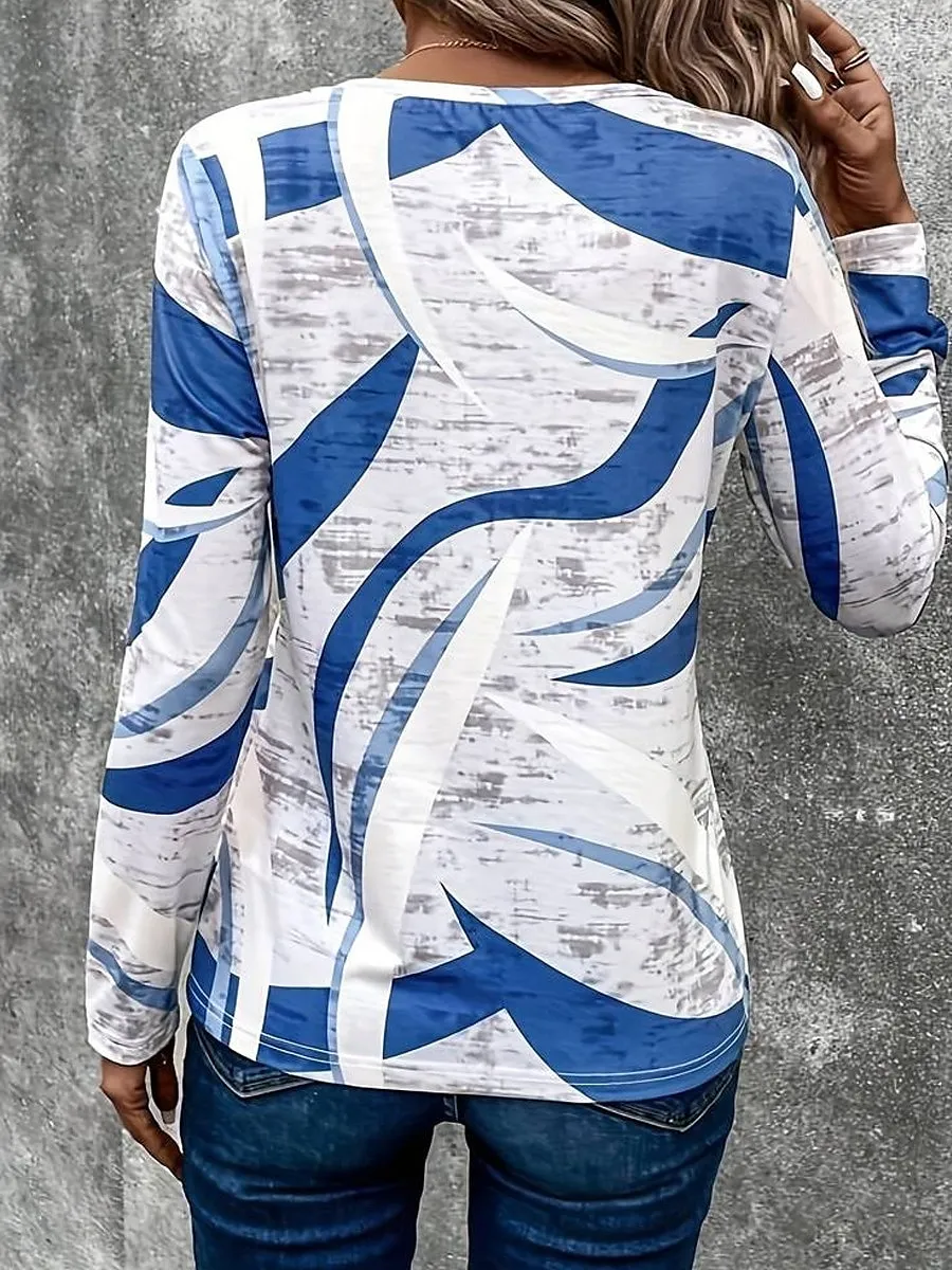 Women's T shirt Long Sleeve Crew Neck Long Sleeve Tunic Casual Print Regular Tops Daily Blue Purple Khaki Spring Fall Prefall