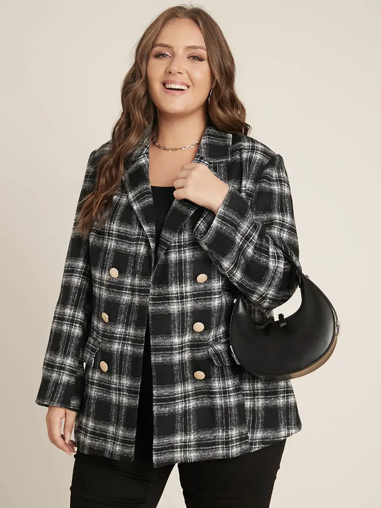 Plaid Flap Pocket Button Up Suit Collar Blazer