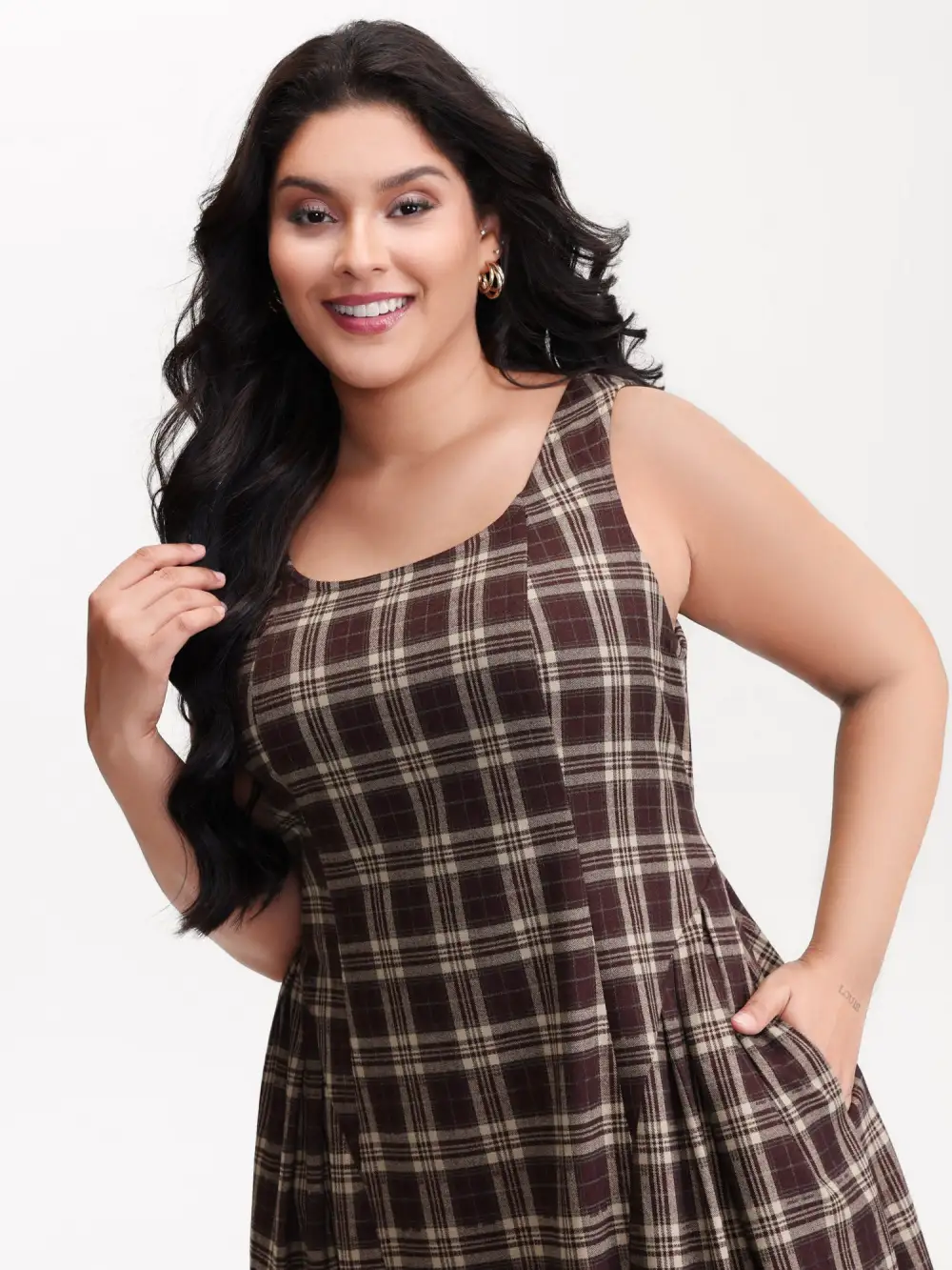 Retro Plaid Drop Waist Tie Midi Dress