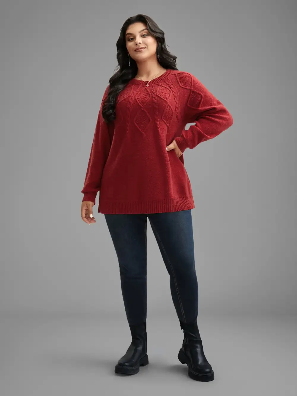 Cable Knit Bodice Crew-Neck Pullover