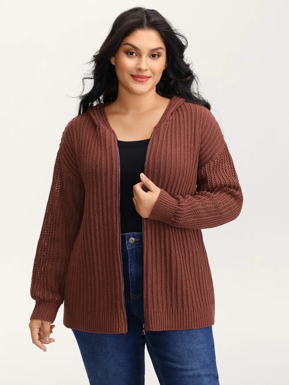 Textured Zipper Front Hooded Knit Cardigan