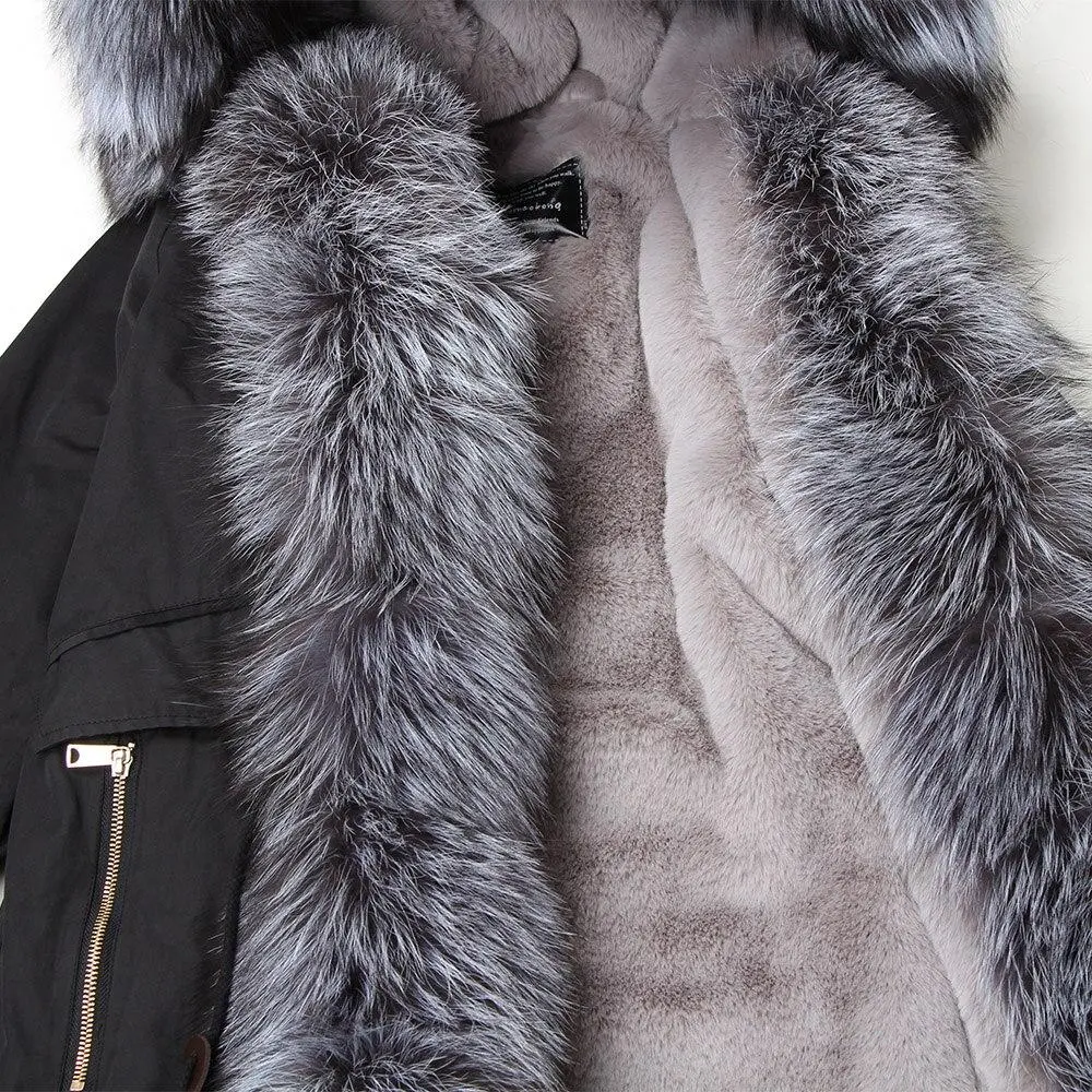 ✨Clearance Sale✨ Women's Parka Fox Fur Coats Real Fur Winter Long Black Park Cotton Thick Warm