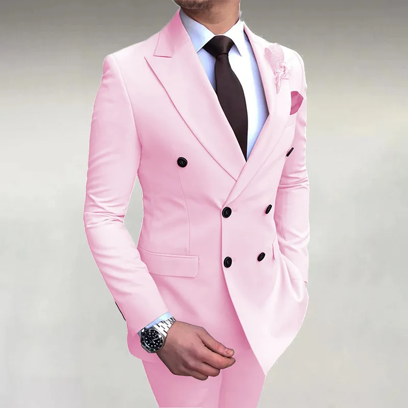 Men's Business Solid Double-Breasted Pocket Lapel Collar Lapel Blazer& Pants 2Pcs Set