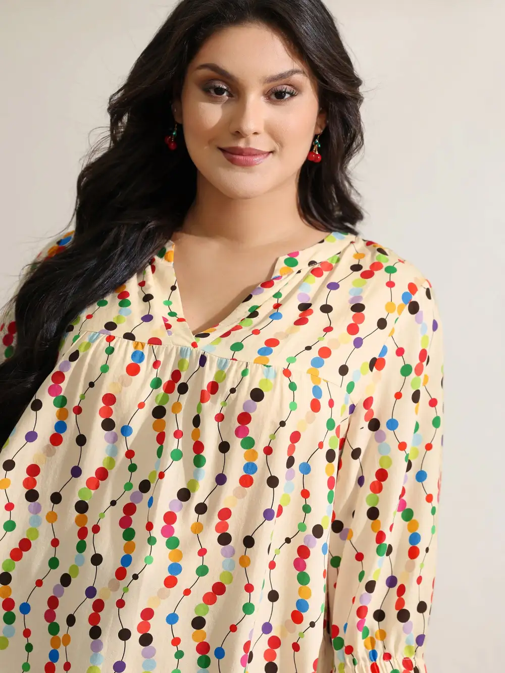 Colorful Polka Dots Rayon Notched Collar Blouse