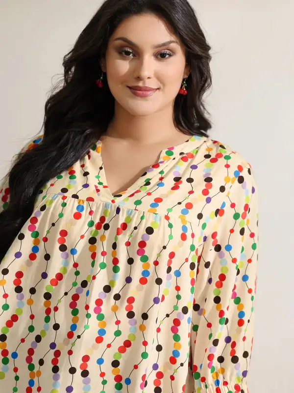Colorful Polka Dots Rayon Notched Collar Blouse