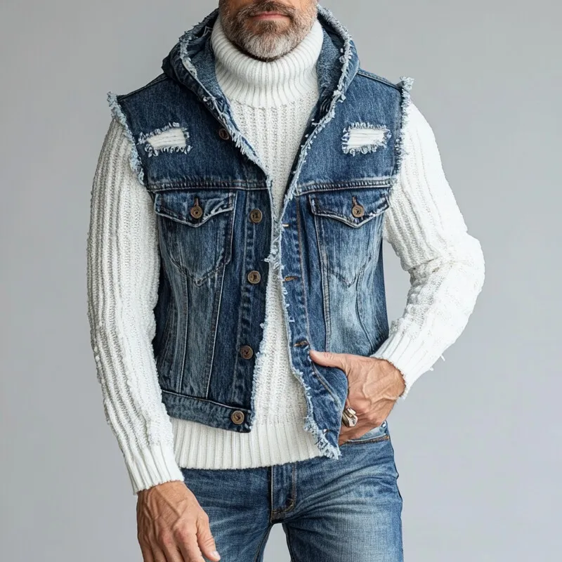 Men's Casual Denim Ripped Raw Edge Button Hooded Vest