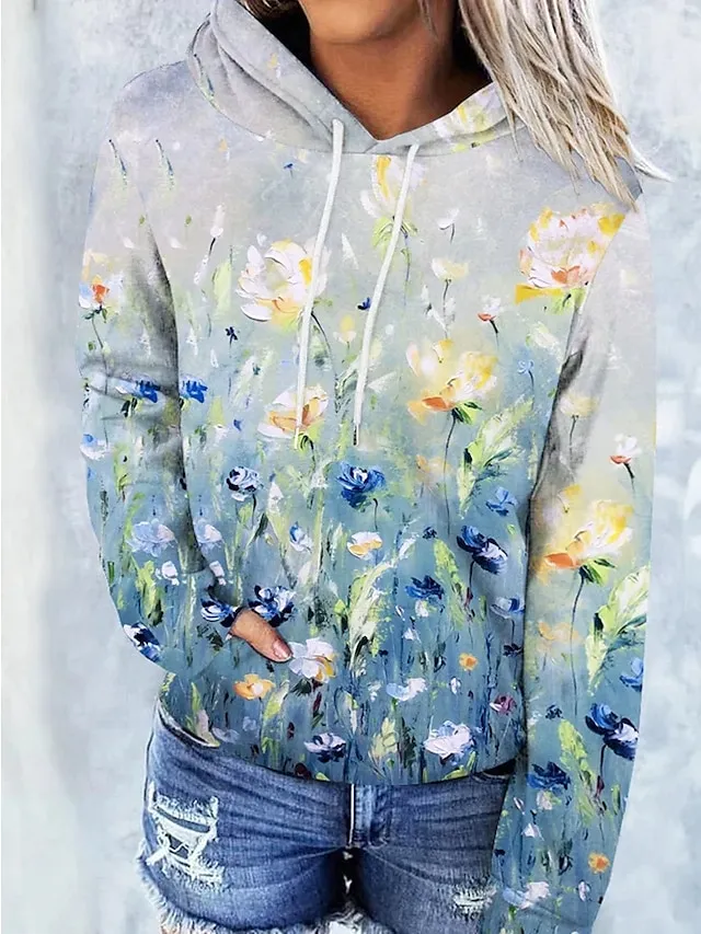 Women's Hoodie Sweatshirt Pullover Vintage Basic Front Pocket Yellow Light Green Blue Floral Street Casual Hoodie Long Sleeve Top Micro-elastic Fall & Winter