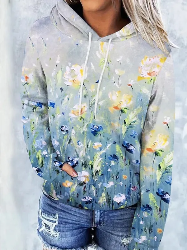 Women's Hoodie Sweatshirt Pullover Vintage Basic Front Pocket Yellow Light Green Blue Floral Street Casual Hoodie Long Sleeve Top Micro-elastic Fall & Winter