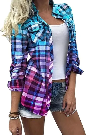 (Fall Clearance Sale🔥）Women's Shirt Blouse Shacket Plaid Color Block Button Print Long Sleeve Daily Weekend Streetwear Casual Shirt Collar Regular