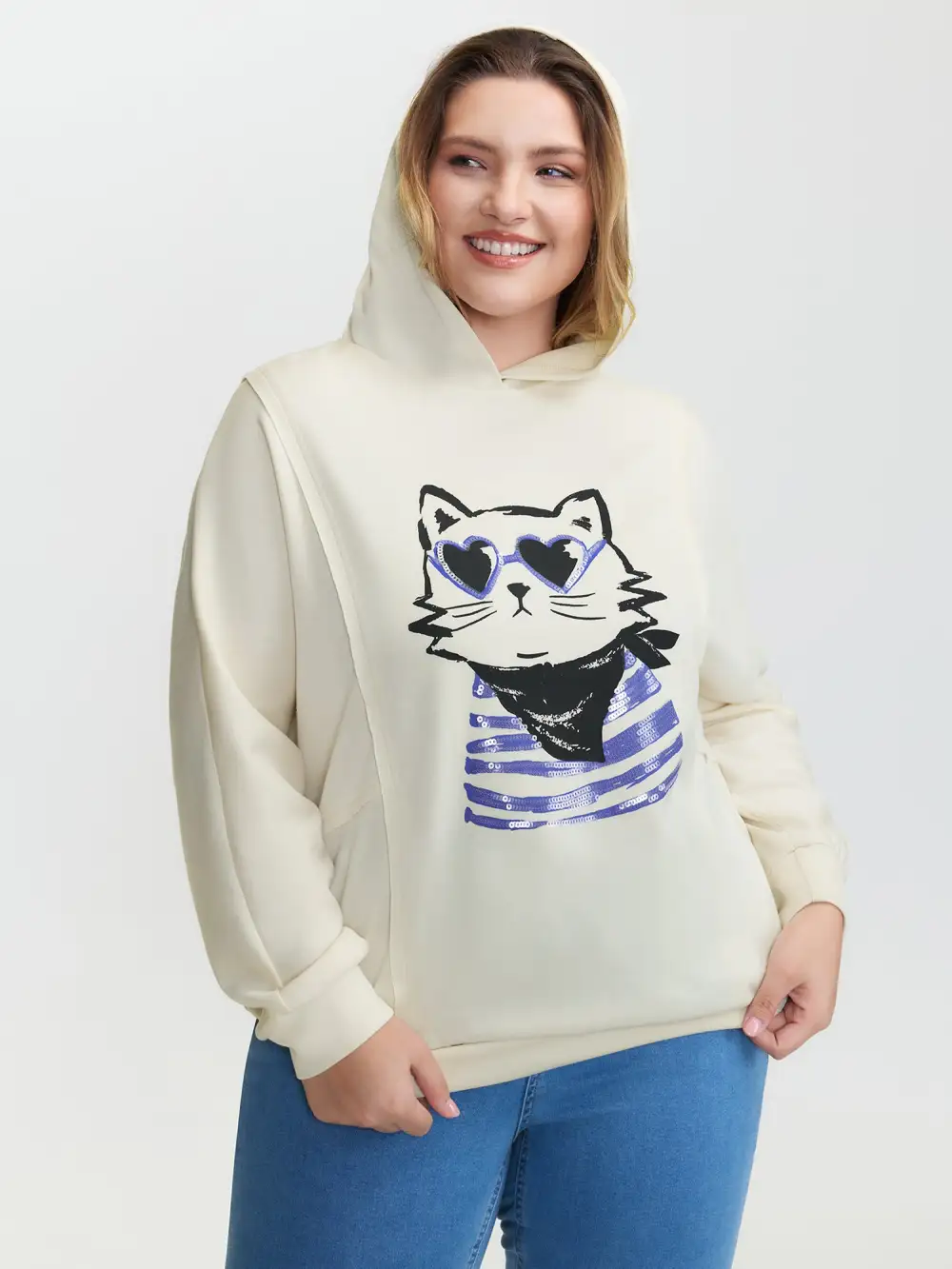 Supersoft Cat Embroidered Sequin Hoodie