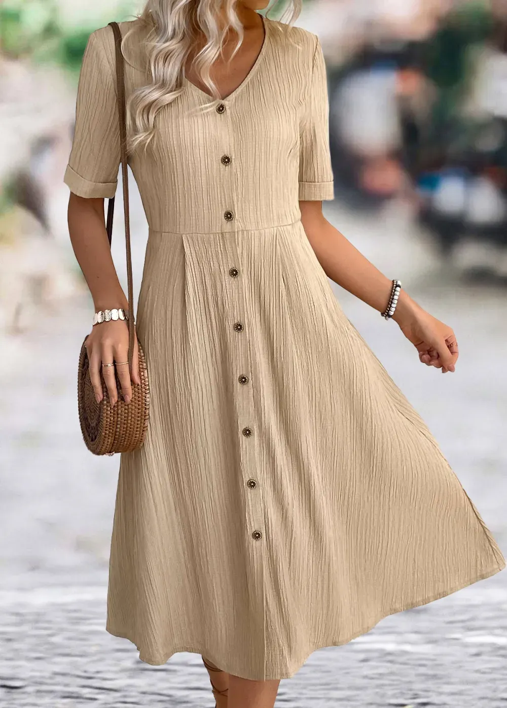 Light Coffee A Line Short Sleeve V Neck Dress