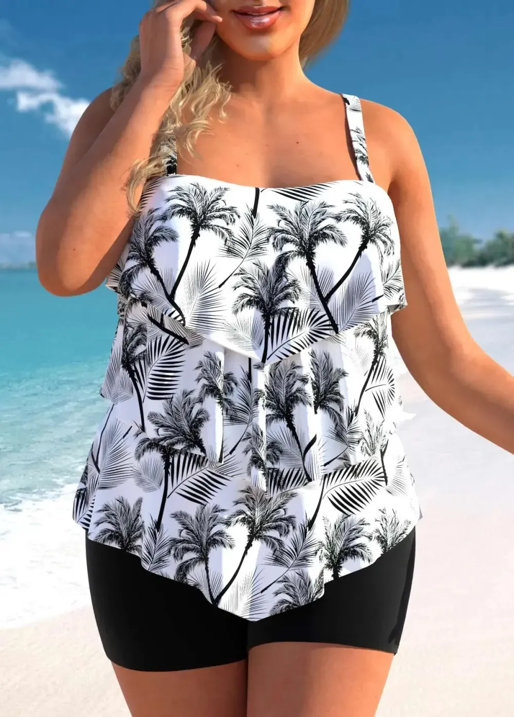 Marine Life Print Plus Size Layered Hem Tankini Set