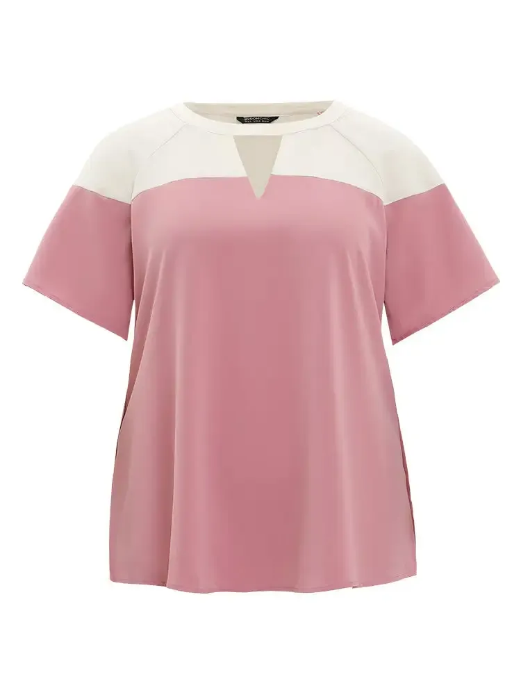 Anti-Wrinkle Two Tone Keyhole Raglan Sleeve Blouse