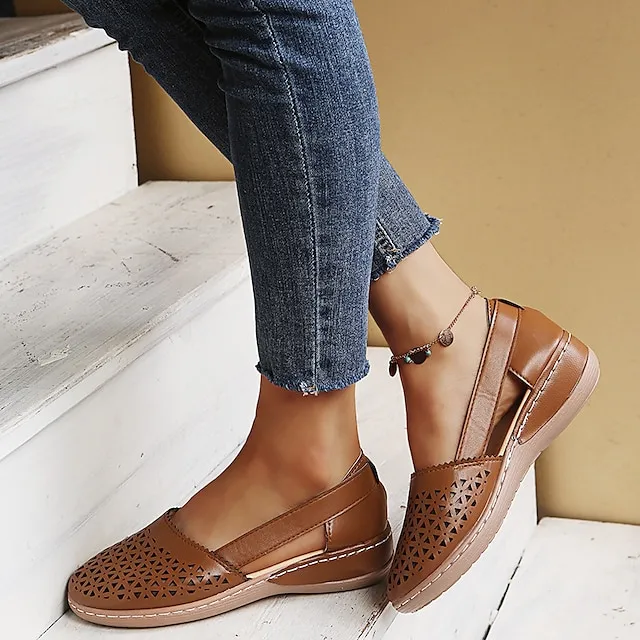 Women's Sandals Wedge Sandals Comfort Shoes Plus Size Outdoor Work Daily Summer Hollow Out Flat Heel Round Toe Classic Casual Minimalism Walking Shoes Faux Leather Loafer Solid Color Solid Colored