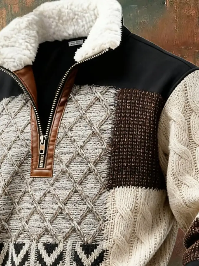 Men's Retro Color Block Print Casual Fur Collar Sweatshirt