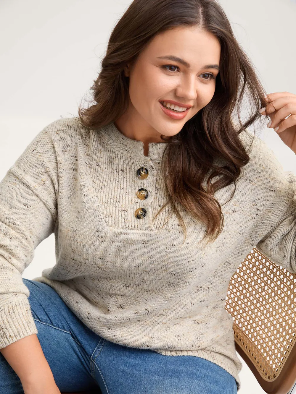 Heather Textured Button Neck Pullover