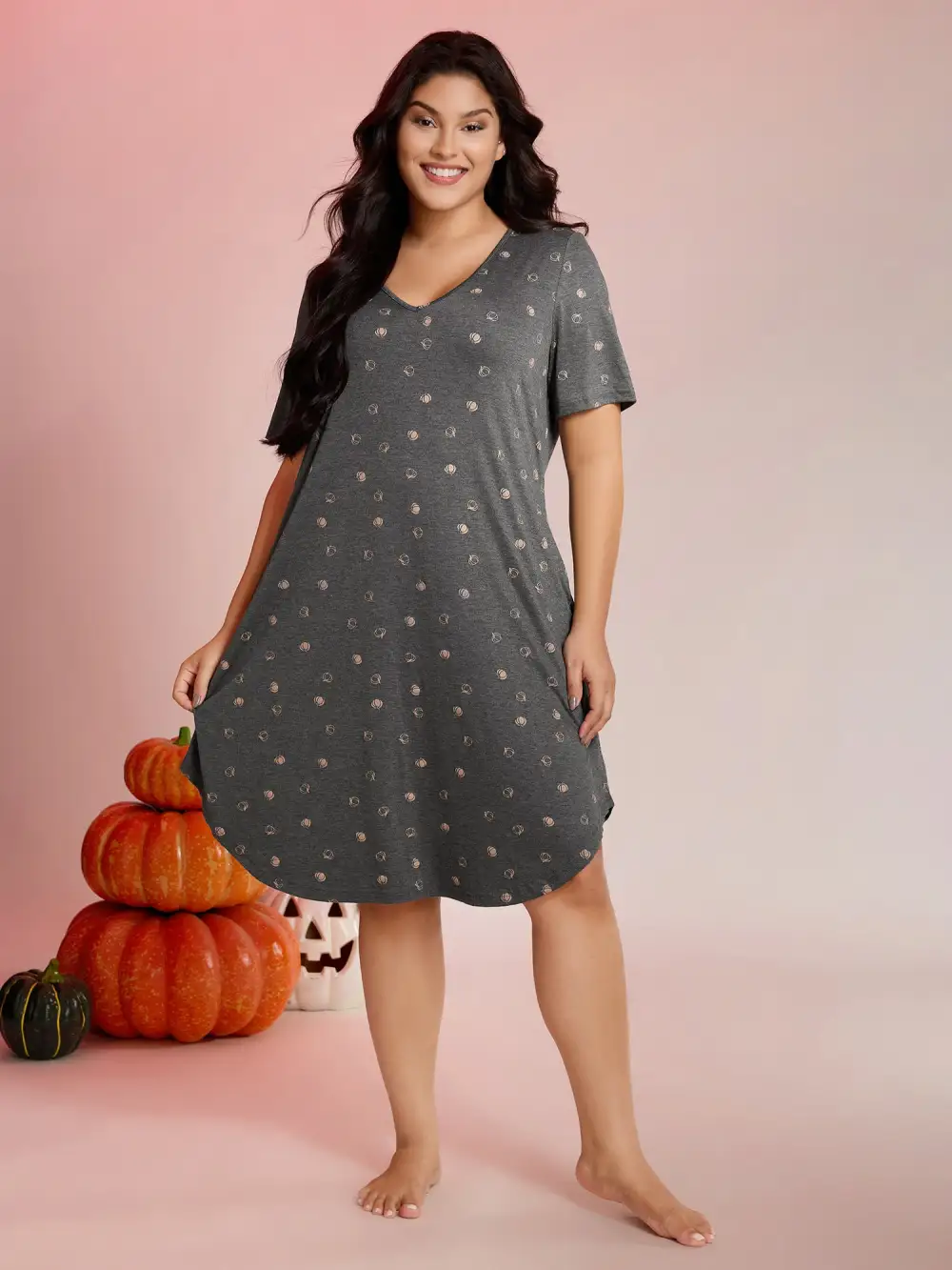 Halloween Print Stretchy V-Neck Lounge Dress