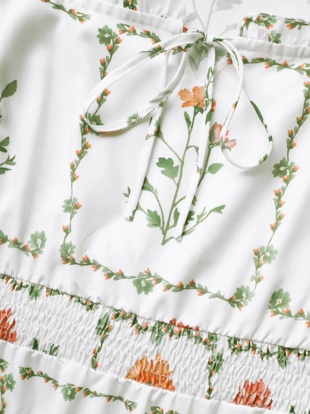 Boho Print Tie Knot Shirred Lantern Sleeve Dress