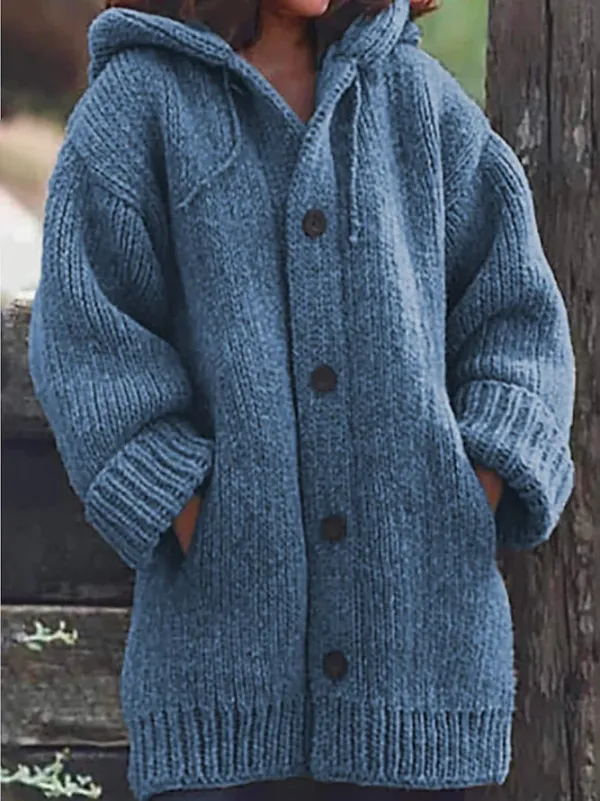 Button Down Hooded Knitted Cardigan Plus Size Knit coat