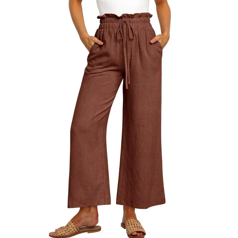 Women's Linen Wide Leg Pants – High Waist Drawstring Trousers with Pockets