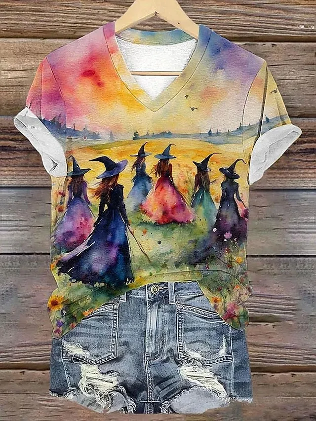 Women's Halloween Sweatshirt Pullover Witch Halloween Print Yellow Casual Crew Neck Long Sleeve Top Micro-elastic Spring Fall & Winter