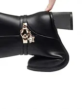 Women's Black Faux Leather Fur-Lined Mid-Calf Winter Boots with Star Charm and Block Heels – Elegant and Warm Footwear for Cold Weather