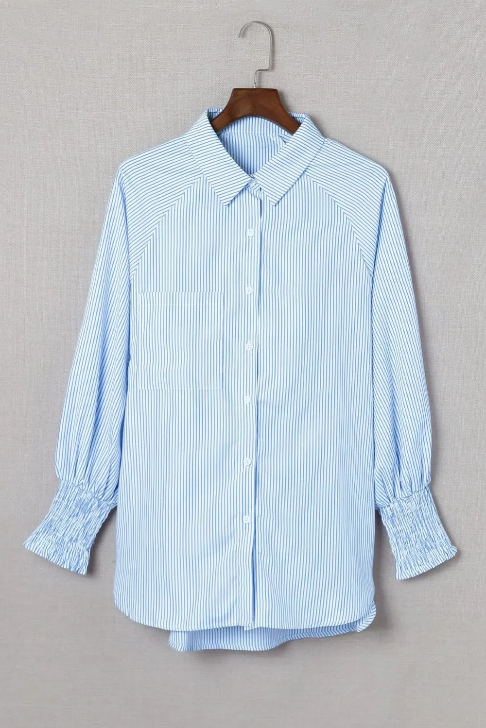 Womens Smocked Cuffed Striped Boyfriend Shirt Casual Collar Long Sleeve Oversized Button Down Blouse Tops with Pocket Shirred