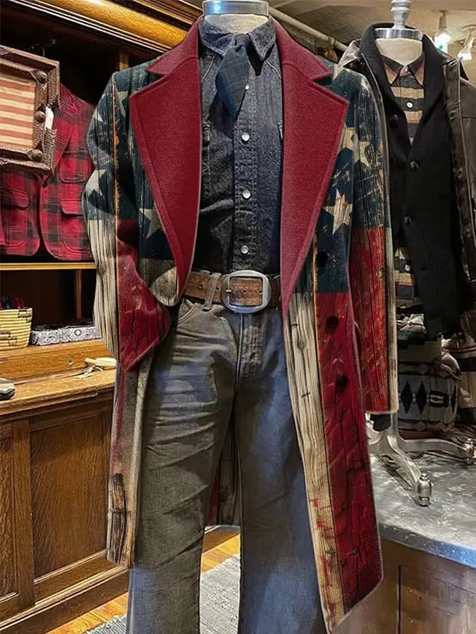 Men's Retro Western Flag Print Long Coat