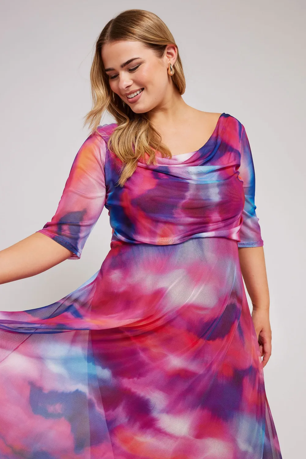 YOURS LONDON Curve Pink Cowl Neck Mesh Midi Dress
