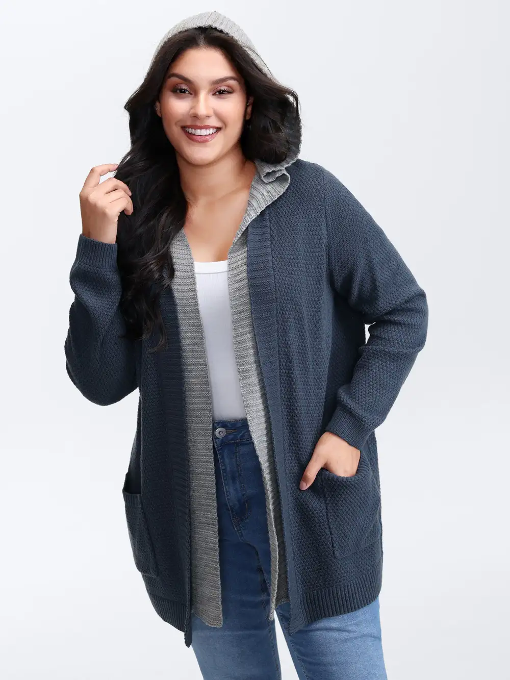 Textured Color Contrast Hooded Pocket Knit Cardigan