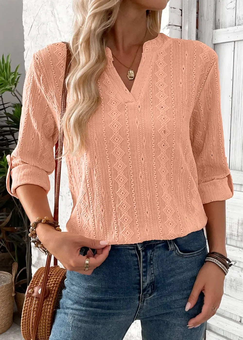 Dusty Pink 3/4 Sleeve Split Neck Blouse
