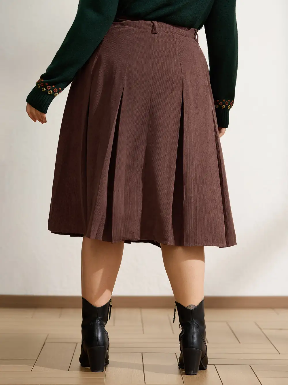 Pleated Waist-Defining Midi Skirt