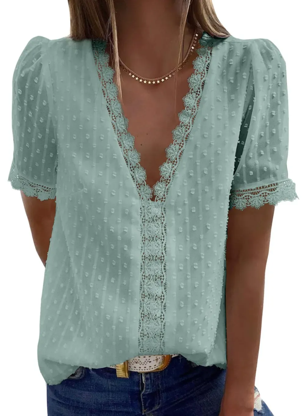 ✨Hot Sale-Women's V Neck Lace Crochet Tunic Tops Flowy Casual Shirts
