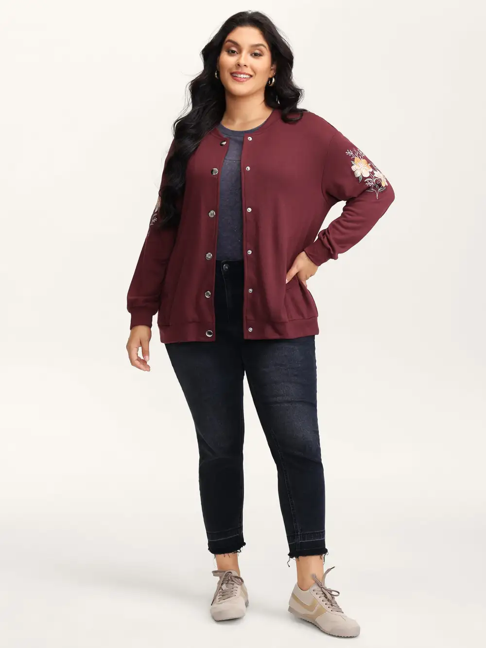 Embroidered Sleeve Button-Down Jacket