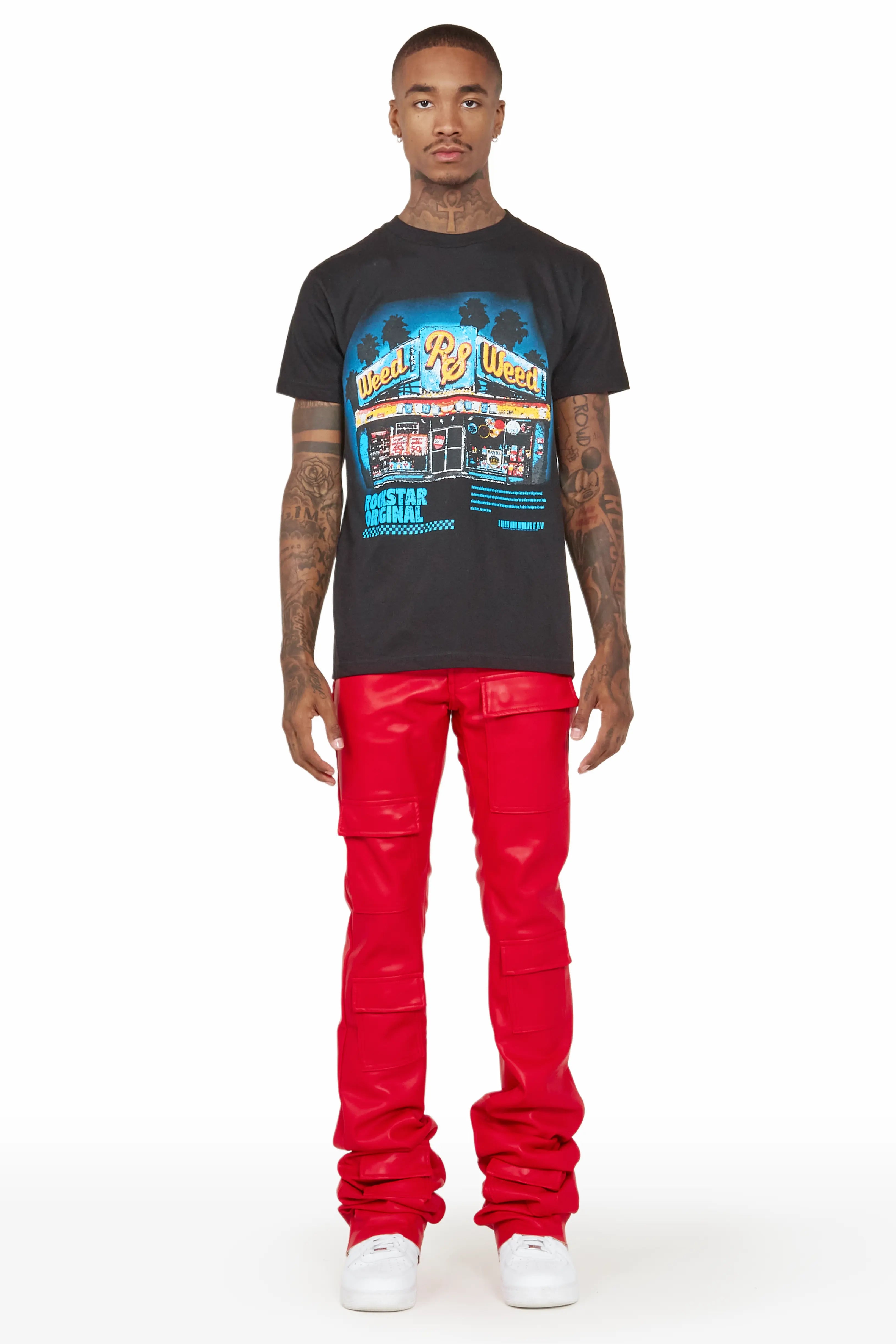 Petrus Red Faux Leather Super Stacked Flare Jean