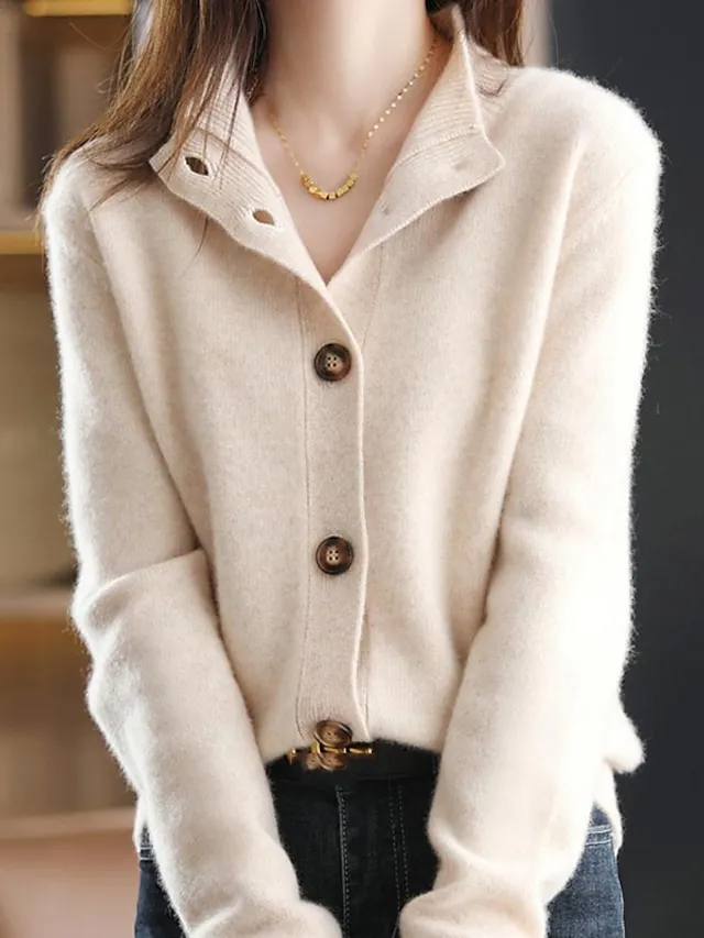 Women's Cardigan Sweater Stand Collar Knit Button Knitted Fall Winter Outdoor Home Daily Stylish Basic Casual Long Sleeve Pure Color Camel Brown