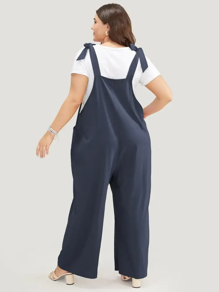 Solid Pleated Detail Pocket Knotted Shoulder Overall Jumpsuit