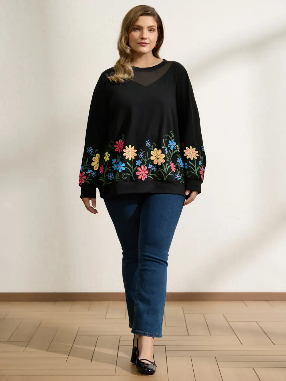 Floral Sheer Lined Contrast Sweatshirt